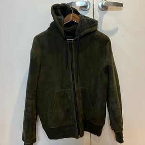 rag & bone Damon Shearling Green Bomber Jacket with Ribbed Cuffs